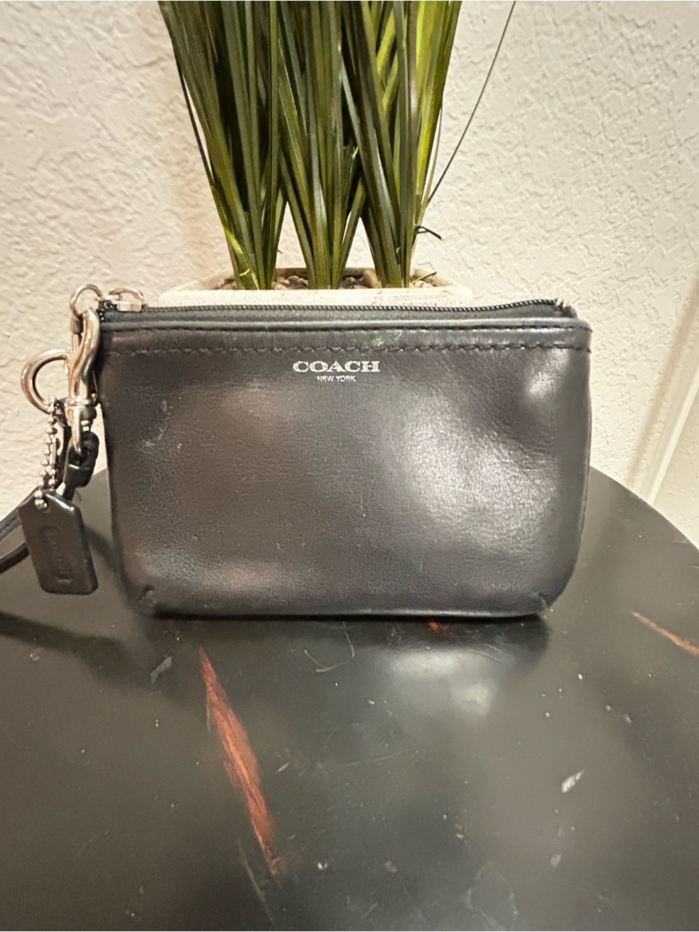 Coach Black Leather Zip Wristlet Pouch with Silver Hardware